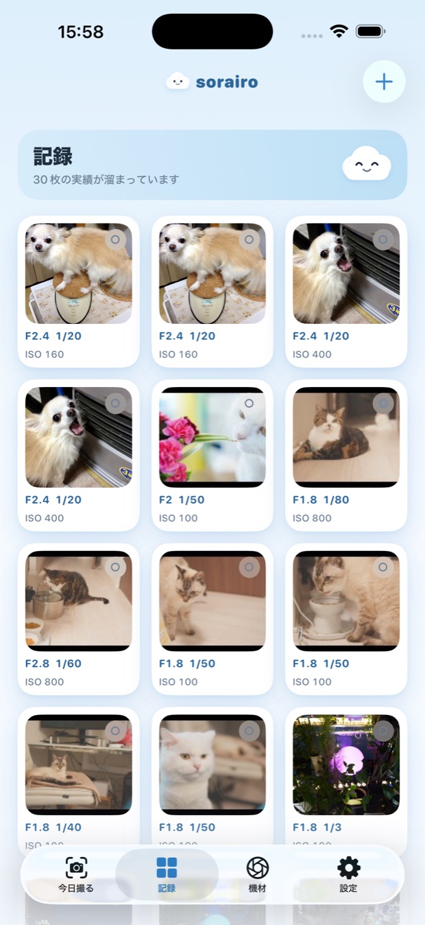 記録タブ。取り込んだ写真がサムネイルと設定値で並ぶ